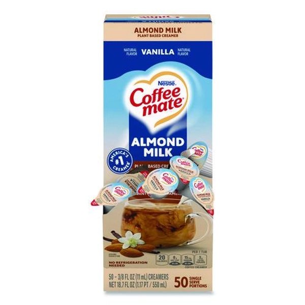 Plant-Based Almond Milk Non-Dairy Liquid Creamer Singles, Natural Vanilla, 0.38 oz Mini Cups, 50/Box