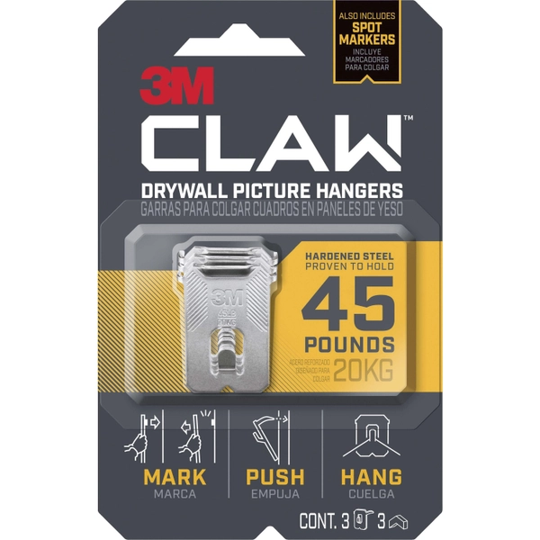 3M CLAW Drywall Picture Hanger - 45 lb Capacity - Steel - Gray - 3 Pack