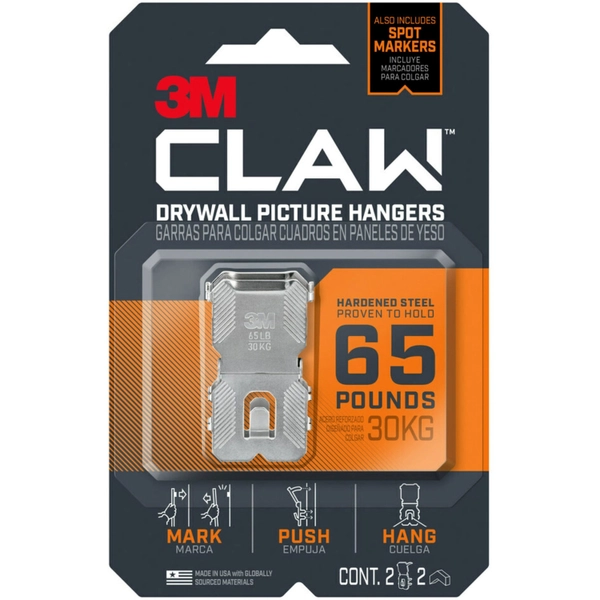 3M CLAW Drywall Picture Hanger - 65 lb Capacity, 1.2" W x 2" L, Steel - Gray - 2 Pack