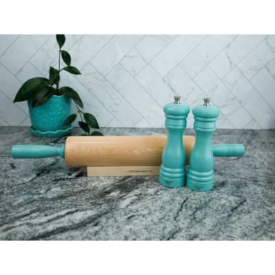 6" FEDERAL SALT & PEPPER MILL SET, ROLLING PIN & CRADLE -SEAFOAM