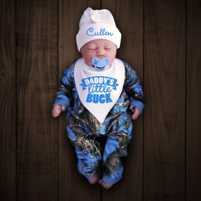 Blue Camo Zip Onesie with Personalized Hat & DADDY'S LITTLE BUCK Bib