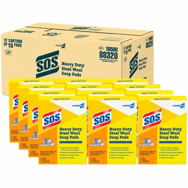 CloroxPro S.O.S Steel Wool Soap Pads - 4" x 5" - Heavy Duty - 15/Box - 240 Total