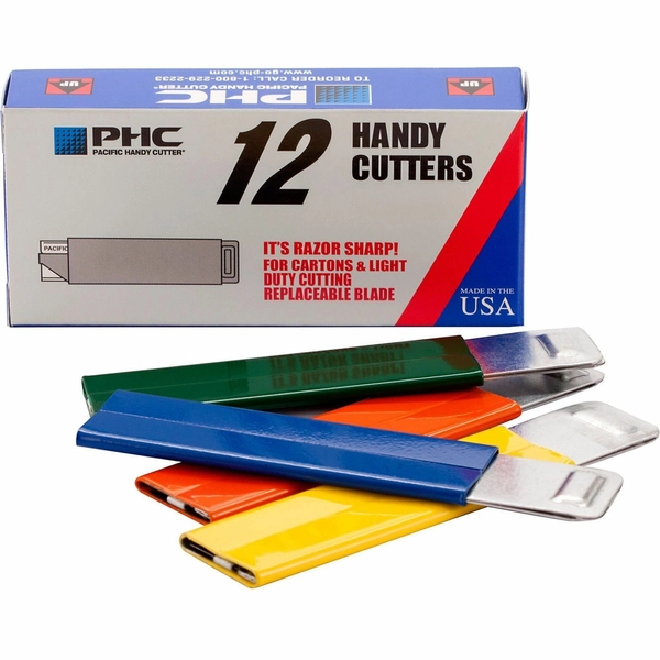 Pacific Handy Box Cutter - Tap Open/Close - Aluminum - Assorted - 12/Box