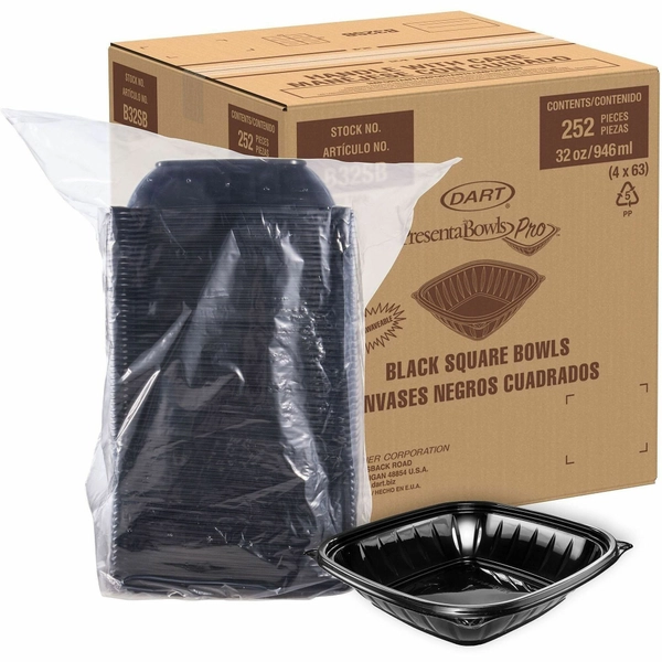 Dart 32oz Microwave-Safe Polypropylene Bowls - Black - 4/Carton