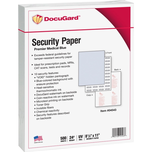 DocuGard Premier Medical Security Paper - 8.5" x 11" - 24 lb - Blue - 500/ream
