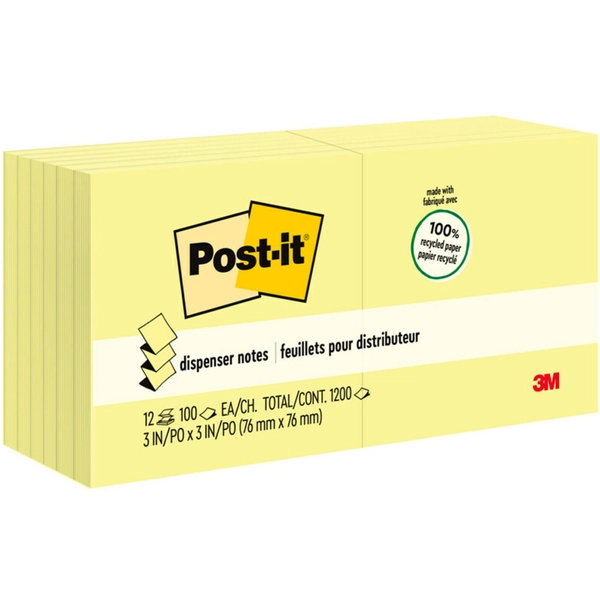Post-it Greener Dispenser Notes - 1200 Sheets - 3" x 3" - Yellow - 12 Pack