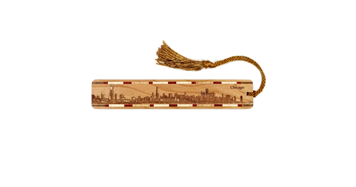 Made In USA | Chicago Illinois Skyline Engraved Wooden Bookmark with Tassel