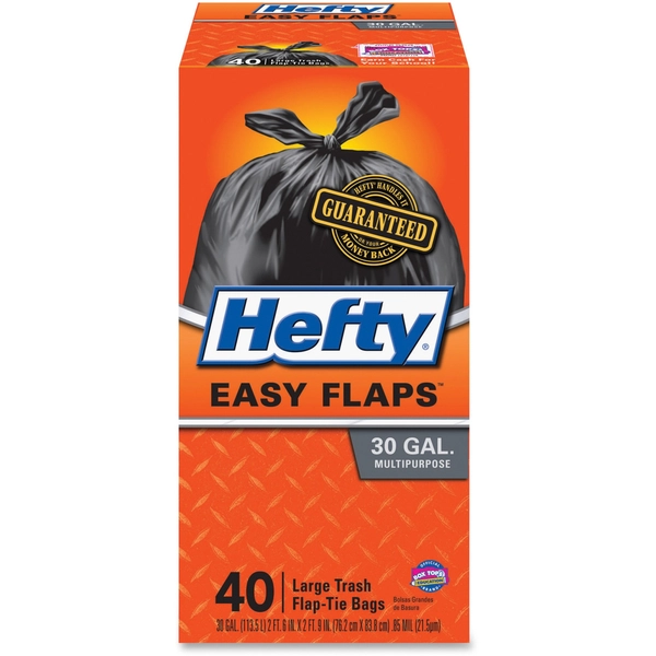 Hefty Easy Flaps 30-Gallon Trash Bags, Black, Drawstring, 40/Box