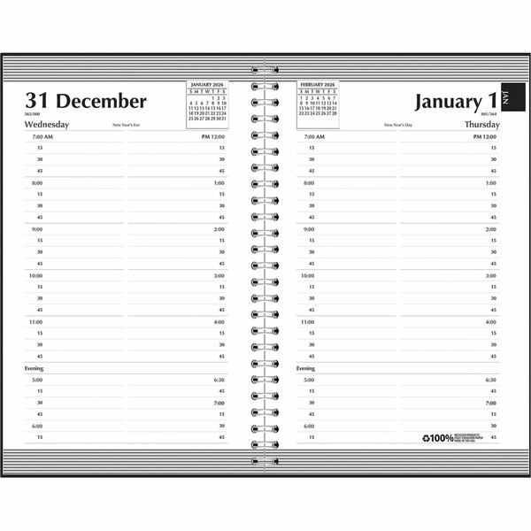 House of Doolittle Daily Planner 2026 - 5" x 8" - Quarter-hourly - Black Leather - 1 Week Layout