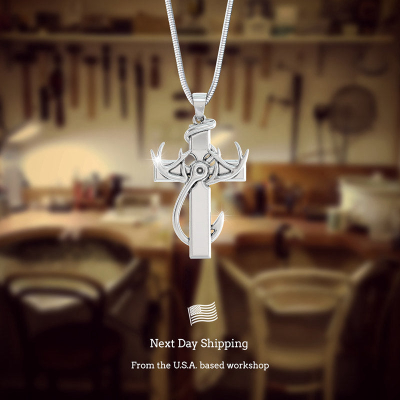 cross with fish hook MEIDERBO Necklace for Men Cross Deer Antler Necklace 925 Sterling Silver Hunting Necklace Fishing Pendant Cross Jewelry Gifts for Men symbolic of the scripture Matthew 4 Cross with Fish Hook
