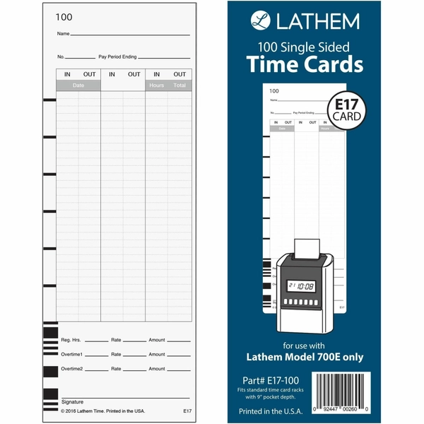 Lathem 700E Single Sided Time Cards - White - 100 Pack
