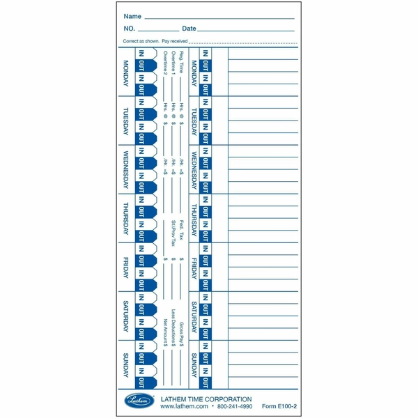 Lathem Universal Time Cards - 100 Sheets - 4" x 9" - White
