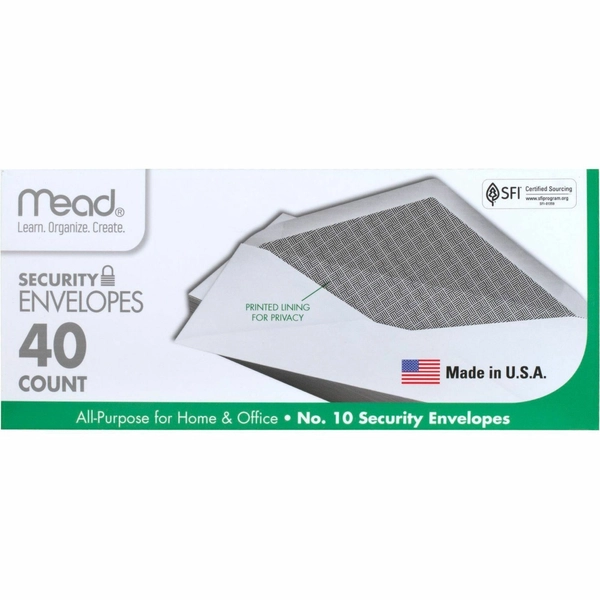 Mead #10 Security Envelopes - 9.5" x 4.125" - 20 lb - Gummed - White - 40/Box