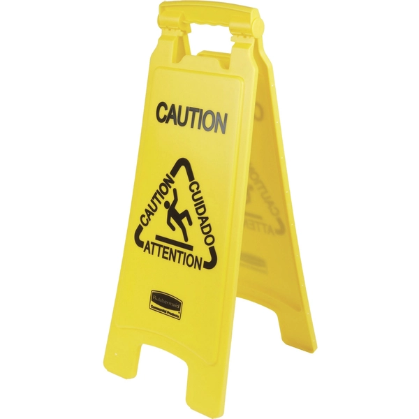 Rubbermaid Multi-Lingual Caution Floor Sign - 11" x 25" x 26" - Foldable, Durable - Yellow