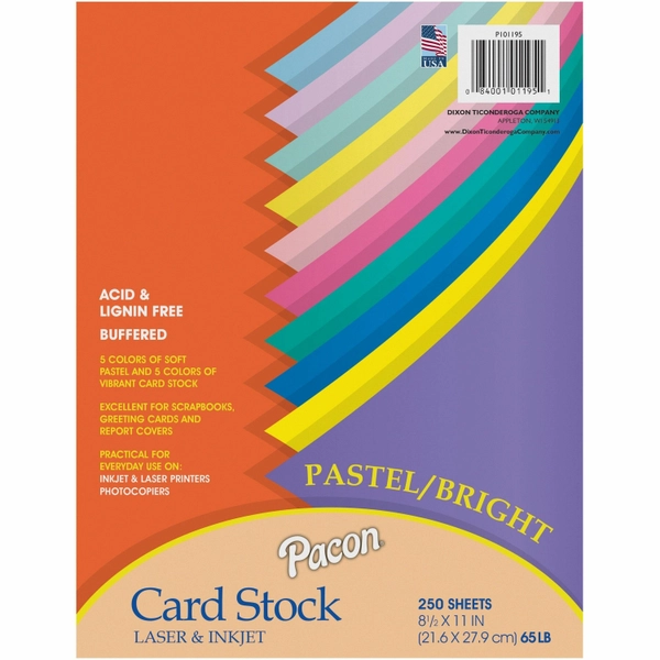 Pacon Cardstock Sheets - Assorted - 8.5" x 11" - 65 lb - 250 Pack
