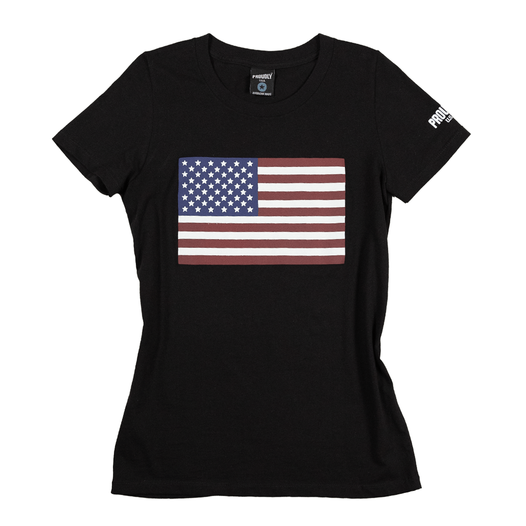 Made In the USA American Flag Women's Cotton TShirt (Black)