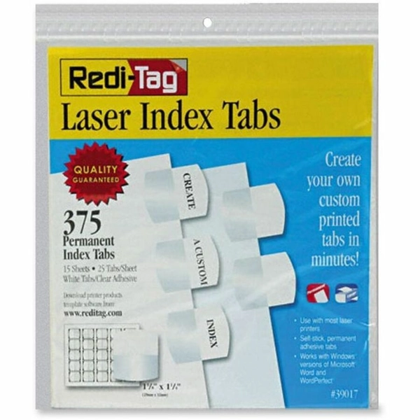 Redi-Tag Printable Index Tabs - 375 Tabs, 1.25"x1.12", White, Self-adhesive