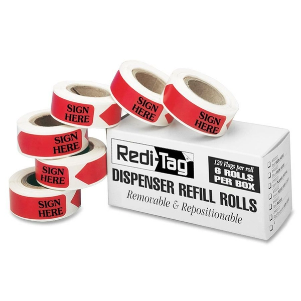 Redi-Tag Sign Here Arrow Flags - 720 Red Flags, 1 7/8" x 9/16", Removable, Self-adhesive, 120/Roll, 6/Box