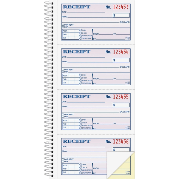 Adams 2-Part Money/Rent Receipt Book - 200 Sheets - 11" x 5.25" - White/Canary