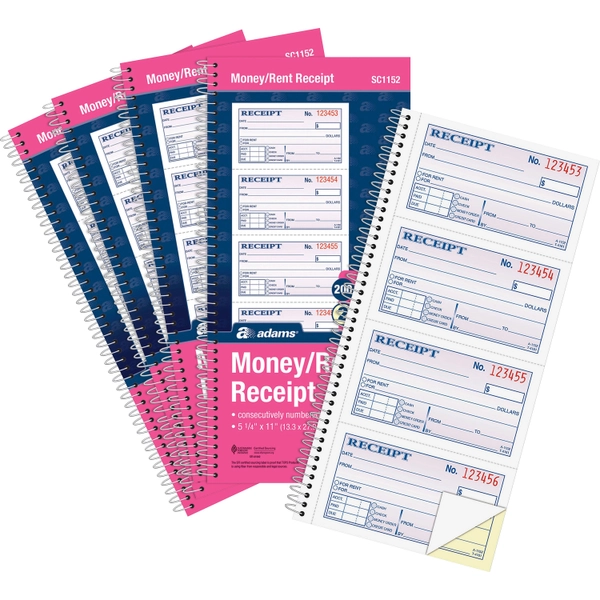 Adams 2-part Money/Rent Receipt Book - 200 Sheets - 11" x 5.25" - White/Canary - 5/Pack