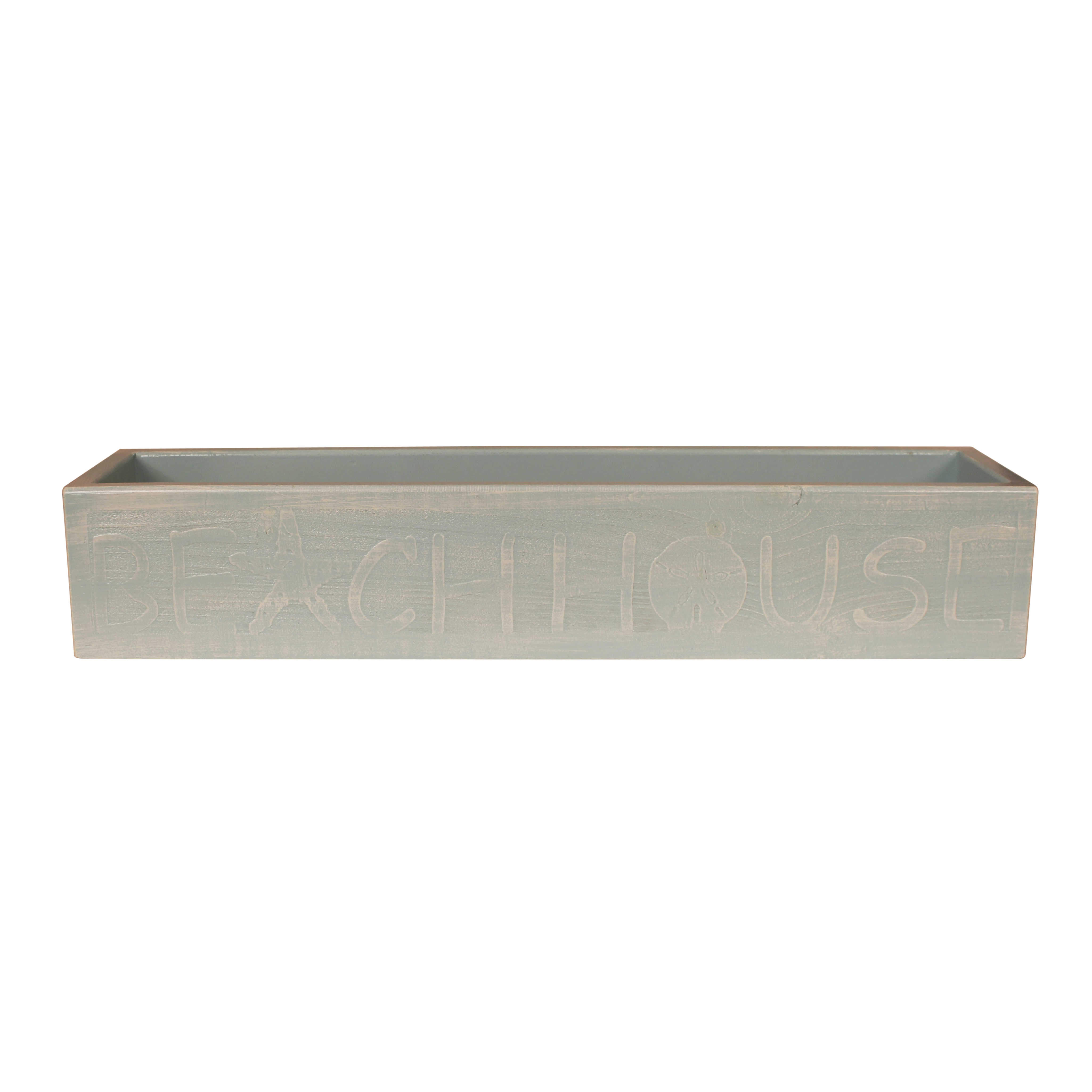 WEATHERED ATLANTIC GREY 30" WOODEN TROUGH CENTERPIECE WITH ETCHED BEACH HOUSE ACCENT