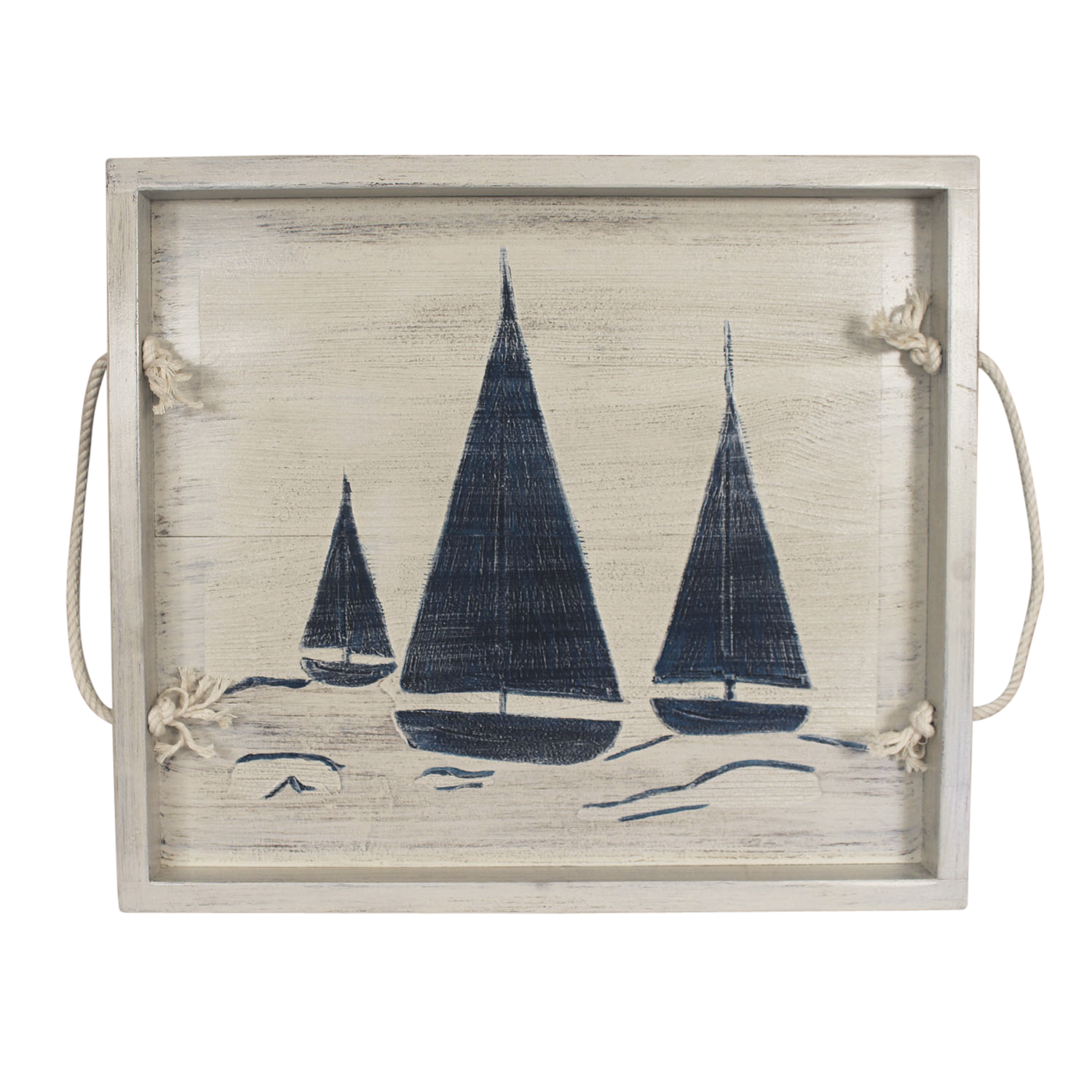 COTTAGE/NAVY 20" WOODEN TRAY WITH 3 SAILBOAT BOTTOM AND ROPE HANDLES