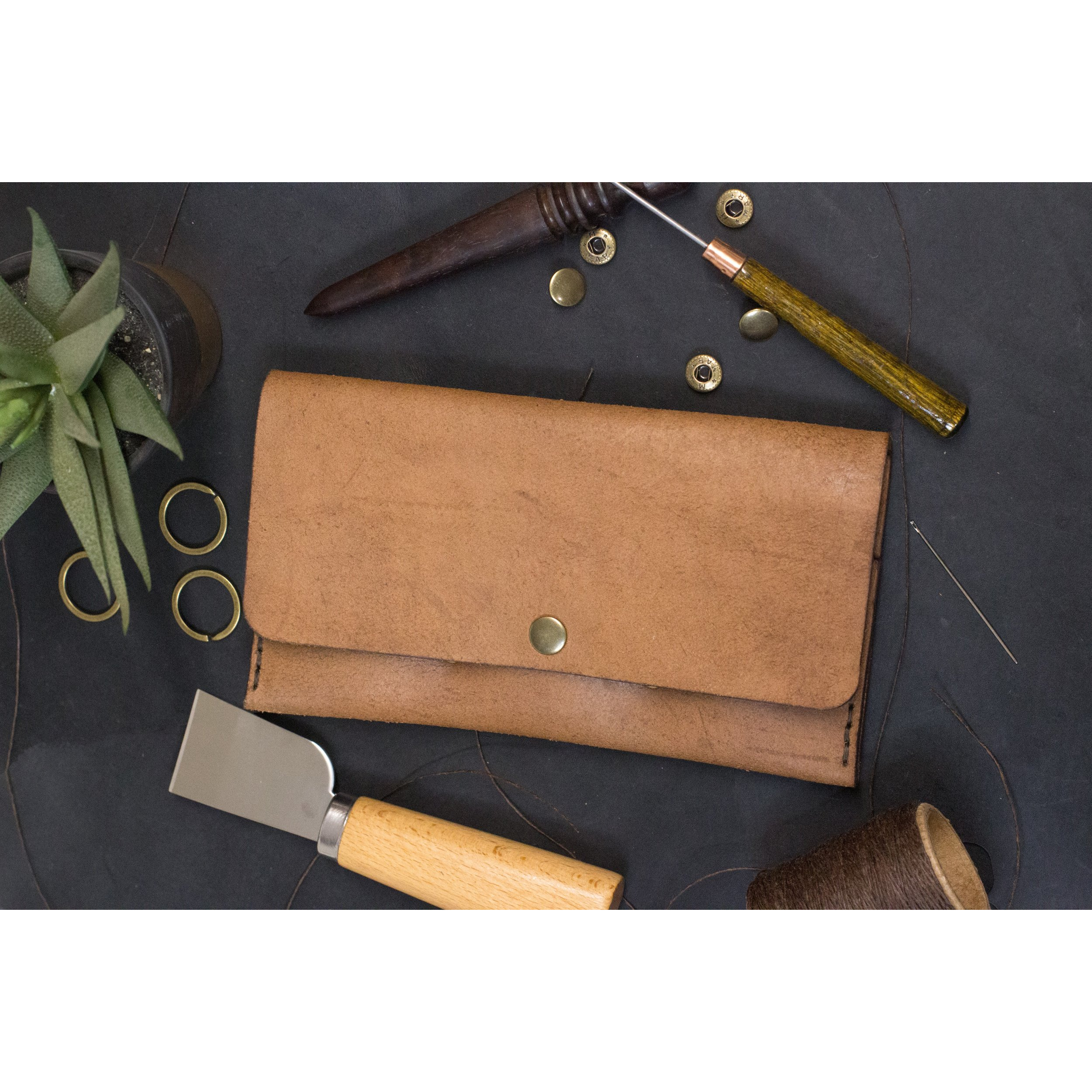 The Classic Mini - Stitched Genuine Leather Wallet / Clutch / Cognac