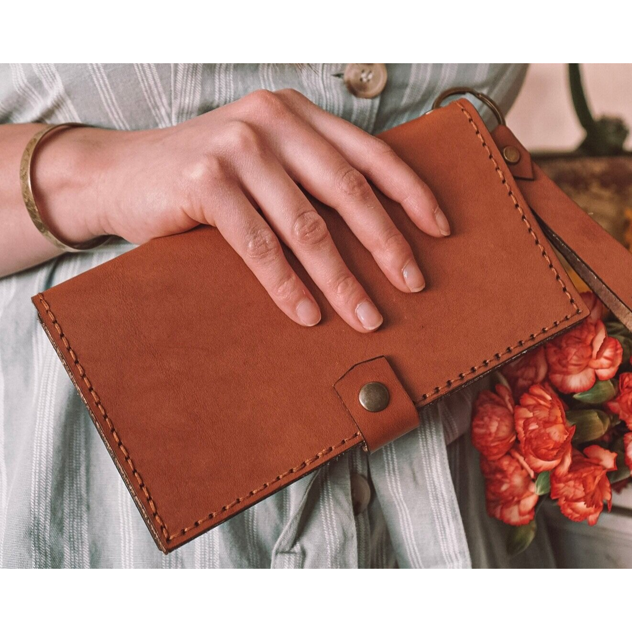The Classic - Stitched Genuine Leather Clutch / Wallet or Crossbody / Cognac
