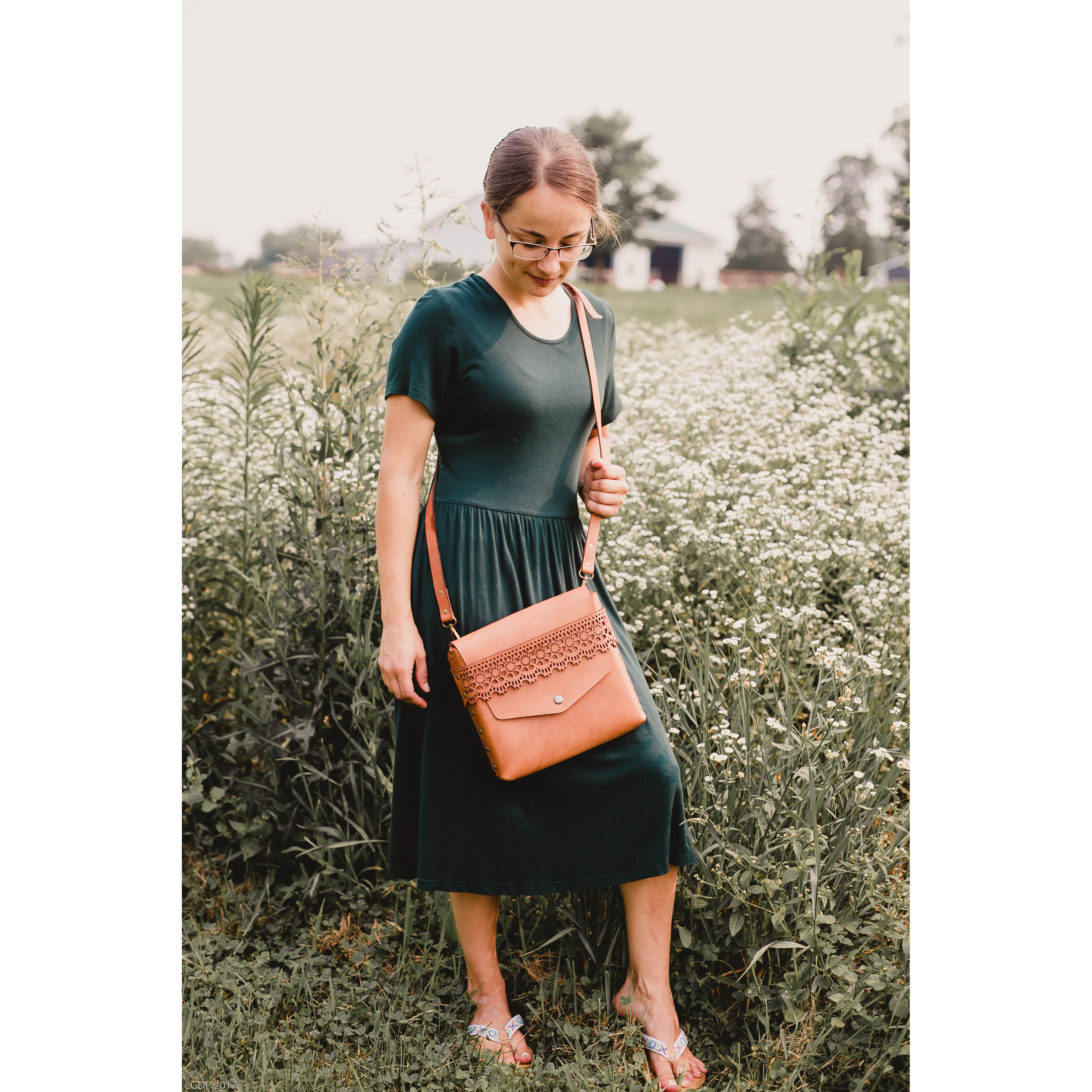 Downtown Medium Cross Body Genuine Leather Purse by K and R Creative / Cognac
