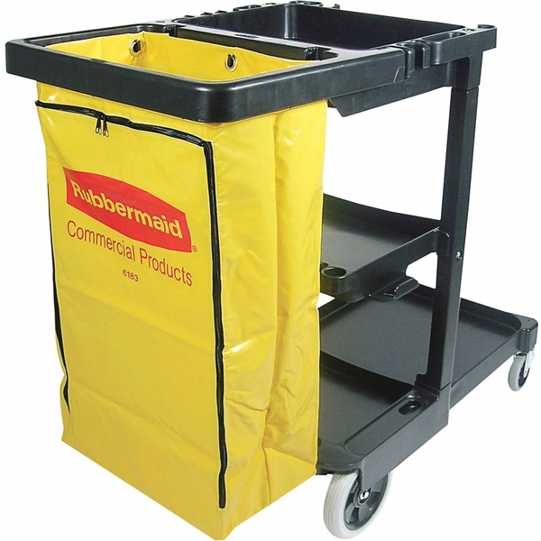 Rubbermaid Janitor Cart, 3 Shelf, Yellow Vinyl Bag, 21.75" W x 46" D x 38.38" H, Black - 1 Each