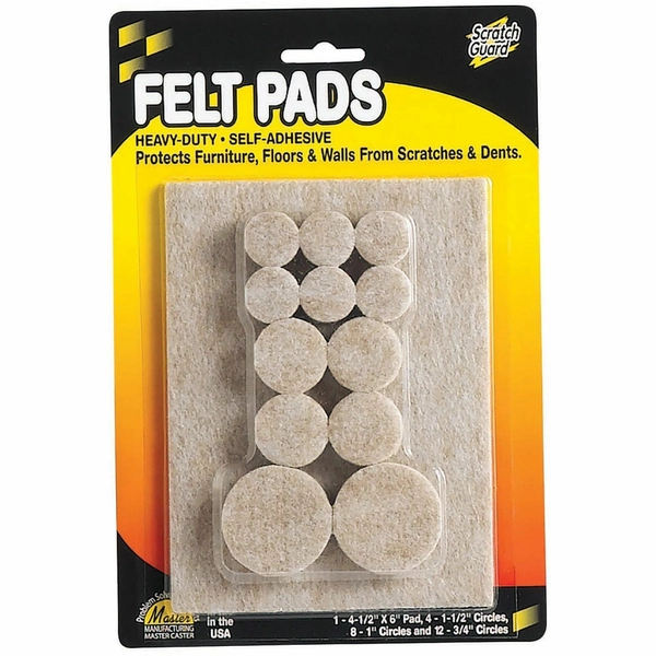 Scratch Guard Felt Pads - 25 Pack (12 x 0.75", 8 x 1", 4 x 1.5") - Self-Adhesive - Beige
