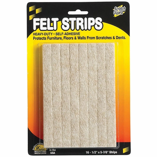 Self-Adhesive Felt Strips - 16 Pads, 0.50" x 5.87", Beige