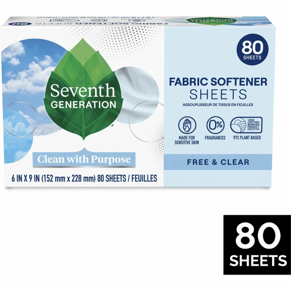 Seventh Generation Free & Clear Fabric Softener Sheets - 80 Sheets - 9" x 6.4" - Hypoallergenic, Unscented