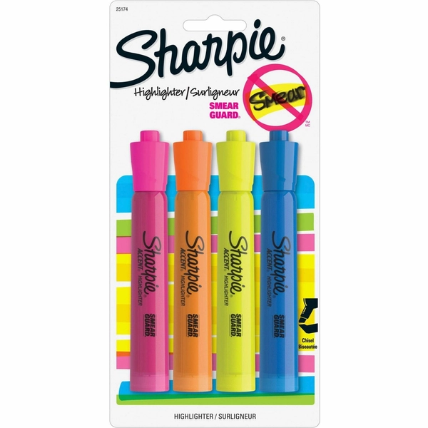 Sharpie Accent Highlighters - Chisel Point - 4 Pack (Yellow, Orange, Pink, Blue)
