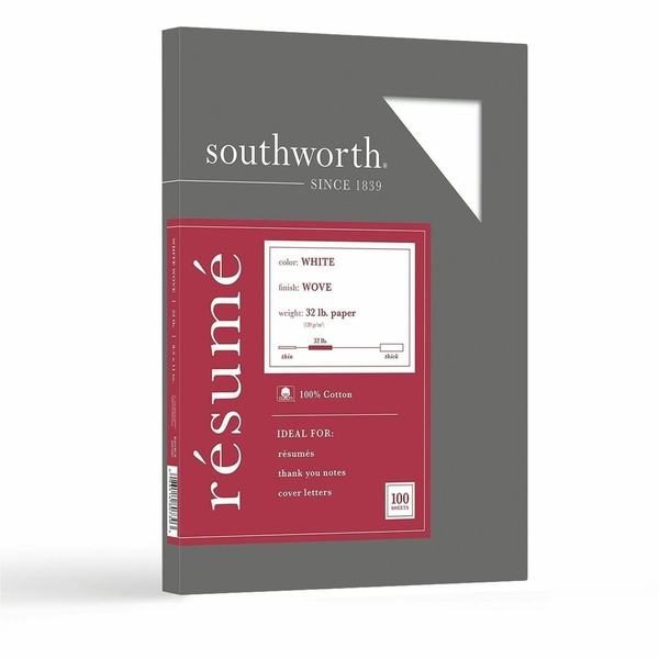 Southworth 100% Cotton Resume Paper - 8.5" x 11" - 32 lb - White - 100/Box