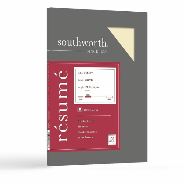 Southworth Cotton Resume Paper, 8.5"x11", 24 lb, Ivory, 100/Box