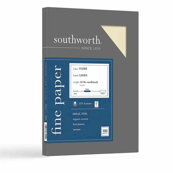 Southworth 25% Cotton Business Cover Stock - 8.5" x 11" - 65 lb - Linen Textured - Ivory - 100/Box