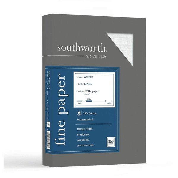 Southworth 25% Cotton Business Paper - 8.5" x 11" - 32 lb - Linen Textured - White - 250 Sheets