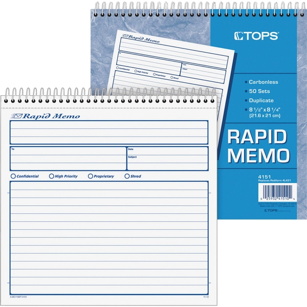 TOPS Rapid Memo Book - Spiral Bound - 2 Part - Carbonless - 8.5" x 7.75" - 1 Each