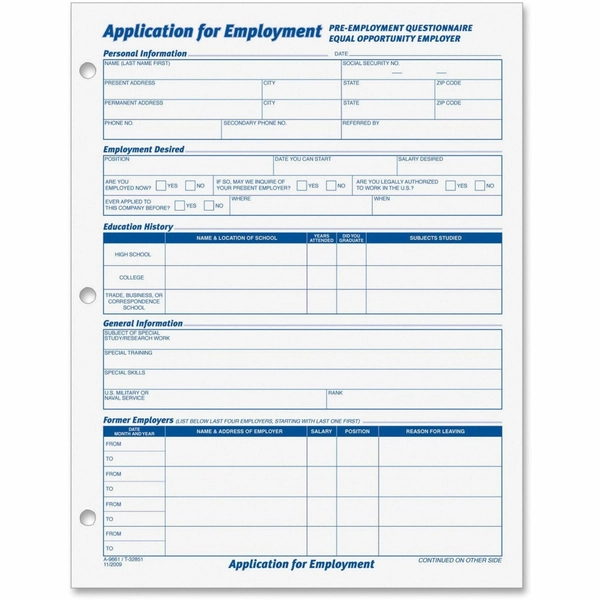 TOPS Employment Application Forms - 50 Sheets - 8.5" x 11" - White - 2 Pack