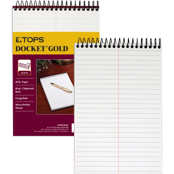 TOPS Gold Spiral Steno Book - 100 Sheets - 6" x 9" - White Paper - 1 Each