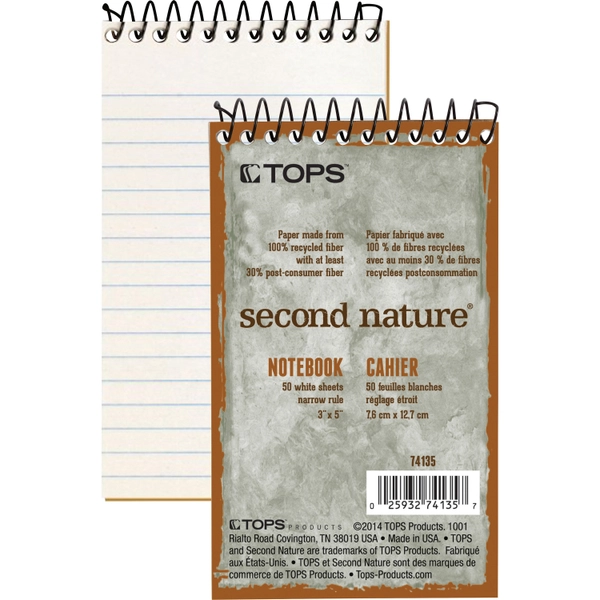 TOPS Second Nature Spiral Notebooks - 50 Sheets - 3" x 5" - Recycled - 1 Each