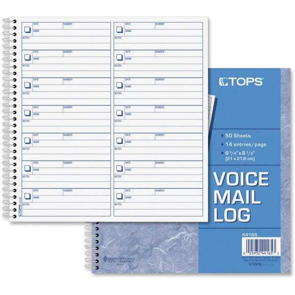 TOPS Voice Message Log Book - 50 Sheets - 8.5" x 8.25" - Spiral Bound - White/Blue