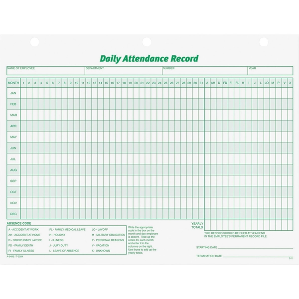 TOPS Attendance Record Form - 50 Sheets - 11" x 8.5" - 3 Holes - Green Print