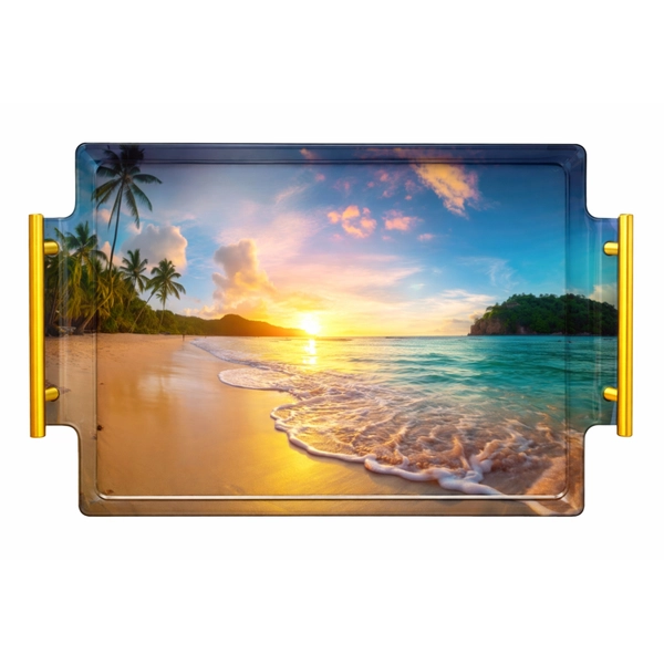 Tropical Sunset with Gentle Waves - Acrylic Serving Tray w/Brass Handles